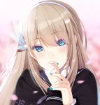  1girl bangs blonde_hair blue_eyes blue_nails blush character_name covering_mouth eyebrows_visible_through_hair hair_ornament hairband head_tilt jewelry lexington_(cv-16)_(zhan_jian_shao_nyu) long_hair looking_at_viewer nail_polish prinz_luzifer ring solo upper_body wedding_band zhan_jian_shao_nyu 