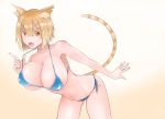  1girl animal_ears bikini blonde_hair breasts cat_ears cat_tail cleavage highres large_breasts lun7732 navel original short_hair simple_background solo swimsuit tail yellow_eyes 