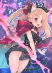  1girl animal_ears bangs between_breasts black_leotard blonde_hair bow breasts cat_ears cat_tail cloak cowboy_shot crown dutch_angle ereshkigal_(fate/grand_order) eyebrows_visible_through_hair fang fate/grand_order fate_(series) fireworks hair_bow highleg highleg_leotard holding holding_staff kemonomimi_mode leotard long_hair looking_at_viewer medium_breasts nail_polish open_mouth parted_bangs purple_bow red_eyes solo staff strap_cleavage suzuho_hotaru tail tareme tohsaka_rin two_side_up 