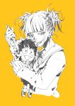  1girl boku_no_hero_academia cropped_torso double_bun freckles greyscale half-closed_eyes jin_amber knife long_sleeves looking_at_viewer midoriya_izuku monochrome school_uniform simple_background sketch smile solo stuffed_toy teeth toga_himiko tongue tongue_out yellow_background 
