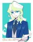  1girl blonde_hair blue_eyes blue_necktie character_name diana_cavendish earrings jewelry little_witch_academia long_hair looking_at_viewer milk_puppy necktie open_mouth revealing_clothes shirt smile solo white_shirt white_skin 
