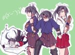  bow_(weapon) camouflage gmgt_(gggggg3) green_eyes green_hair hair_ribbon hakama_skirt japanese_clothes kantai_collection long_hair multiple_girls multiple_persona muneate ribbon stepped_on twintails weapon white_ribbon younger zui_zui_dance zuikaku_(kantai_collection) 