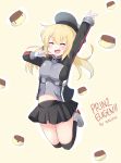  absurdres agung_syaeful_anwar artist_name black_legwear black_skirt blonde_hair blush character_name closed_eyes eyebrows_visible_through_hair facing_viewer food gloves highres kantai_collection kneehighs long_hair long_sleeves navel open_mouth prinz_eugen_(kantai_collection) pudding skirt smile thigh-highs twintails white_gloves 