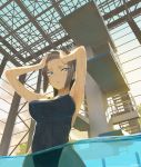 1girl armpits arms_up black_hair blue_eyes breasts cleavage diving_platform erect_nipples facial_mark forehead_mark highres long_hair one-piece_swimsuit original parted_lips pool swimsuit throtem wading wet 