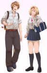  &gt;;d 1boy 1girl ;d arm_at_side backpack bag belt black_legwear black_pants black_shoes blonde_hair blue_skirt breast_pocket breasts brown_eyes brown_hair clenched_hand clouds collared_shirt commentary_request djeeta_(granblue_fantasy) dress_shirt full_body gran_(granblue_fantasy) granblue_fantasy haido_(ryuuno_kanzume) hairband highres keychain kneehighs loafers long_sleeves looking_at_another lyria_(granblue_fantasy) medium_breasts one_eye_closed open_mouth pants parted_lips pleated_skirt pocket school_bag school_uniform shirt shoes short_hair simple_background skirt sky smile spiky_hair standing talking vee_(granblue_fantasy) white_background white_shirt wing_collar 