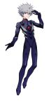  1boy bai_wang bangs blue_bodysuit bodysuit closed_mouth commentary_request eyebrows_visible_through_hair full_body grey_hair hand_to_head highres light_smile looking_at_viewer male_focus nagisa_kaworu neon_genesis_evangelion outstretched_arms pilot_suit plugsuit pointy_hair red_eyes simple_background solo white_background 