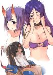  3girls black_hair breasts circlet cleavage dark_skin dyson_(edaokunnsaikouya) fate/grand_order fate_(series) green_eyes highres horns large_breasts long_hair looking_at_viewer minamoto_no_raikou_(swimsuit_lancer)_(fate) multiple_girls one_eye_closed parted_lips purple_hair scheherazade_(fate/grand_order) short_hair shuten_douji_(fate/grand_order) simple_background veil violet_eyes white_background 