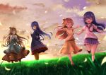  4girls blue_hair blue_skirt bow brown_eyes brown_hair brown_pants brown_shirt brown_skirt closed_eyes day dress floating_hair grass hair_bow highres kneehighs long_dress long_hair looking_back love_live! love_live!_school_idol_project minami_kotori miniskirt multiple_girls neckerchief one_leg_raised open_mouth orein outdoors outstretched_arms pants pleated_skirt red_bow red_neckerchief school_uniform serafuku shirt short_sleeves skirt smile sonoda_umi very_long_hair white_legwear white_shirt 