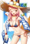  1girl ;d animal_ears arm_up bangs bikini blue_bikini blush bracelet breasts cleavage collarbone fang fate/grand_order fate_(series) fox_ears fox_print fox_tail hat highres holding_flag jewelry ji_dao_ji large_breasts leaning_forward long_hair looking_at_viewer navel one_eye_closed open_mouth pink_hair sidelocks smile solo straw_hat sun_hat swimsuit tail tamamo_(fate)_(all) tamamo_no_mae_(swimsuit_lancer)_(fate) under_boob 