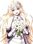  1girl armor bare_shoulders blonde_hair blue_eyes blush bouquet enchuu eyebrows_visible_through_hair fate/grand_order fate_(series) flower headpiece highres holding holding_bouquet long_hair open_mouth ruler_(fate/apocrypha) smile solo 