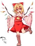  1girl alternate_costume ascot blonde_hair boots bow brown_boots cosplay detached_sleeves flandre_scarlet hair_bow hakurei_reimu hakurei_reimu_(cosplay) open_mouth red_bow red_eyes red_skirt ribbon-trimmed_sleeves ribbon_trim shamo_(koumakantv) simple_background skirt skirt_set solo standing standing_on_one_leg touhou vest white_background wide_sleeves wings 