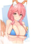  1girl animal_ears bangs bare_shoulders bikini blue_background blue_bikini blush bracelet breasts cleavage collarbone commentary_request dated fang fate/extra fate/grand_order fate_(series) fox_ears fox_tail hand_on_own_chest heart heart-shaped_pupils jewelry kuavera large_breasts long_hair looking_at_viewer pink_hair shiny shiny_skin sidelocks signature smile solo splashing swimsuit symbol-shaped_pupils tail tamamo_(fate)_(all) tamamo_no_mae_(swimsuit_lancer)_(fate) wet white_border yellow_eyes 