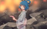  1girl alternate_costume blue_hair blurry blurry_background hair_ornament hair_rings hair_stick japanese_clothes kaku_seiga kimono looking_at_viewer meimaru_inuchiyo obi ofuda profile sash smile solo touhou yukata 