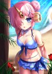  1girl berserker_of_black blue_eyes blush breasts cleavage collarbone double_bun eyebrows_visible_through_hair fate/apocrypha fate/grand_order fate_(series) frankenstein&#039;s_monster_(swimsuit_saber)_(fate) hair_ornament horn looking_at_viewer medium_breasts navel parted_lips pink_hair short_hair solo standing toshi_(1-147) 