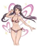  1girl bikini black_hair blush breasts brown_eyes cleavage heart idolmaster idolmaster_cinderella_girls idolmaster_cinderella_girls_starlight_stage long_hair looking_at_viewer low_twintails medium_breasts nakano_yuka navel redamon smile solo striped striped_bikini swimsuit twintails 