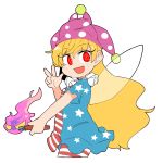  1girl :d american_flag bangs blonde_hair blush clownpiece cowboy_shot eyebrows_visible_through_hair fairy_wings hat holding ini_(inunabe00) jester_cap long_hair looking_at_viewer open_mouth polka_dot red_eyes short_sleeves simple_background smile solo torch touhou v white_background wings 