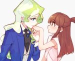  2girls blonde_hair blue_eyes blue_jacket blush brown_eyes brown_hair cuff_links diana_cavendish dress earrings formal hand_kiss jacket jewelry kagari_atsuko kiss little_witch_academia milk_puppy multiple_girls necktie pant_suit pink_dress smile suit yuri 