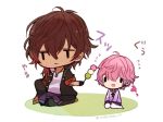  2boys akita_toushirou chibi dango dark_skin dark_skinned_male flying_sweatdrops food jacket jitome kimikimi_(sisterplan_12) looking_away multiple_boys ookurikara open_clothes open_jacket pink_hair sanshoku_dango seiza simple_background sitting touken_ranbu wagashi |_| 