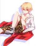 1boy blonde_hair child child_gilgamesh fate/grand_order fate/hollow_ataraxia fate_(series) gilgamesh hood hoodie looking_at_viewer male_focus red_eyes shorts smile solo younger 