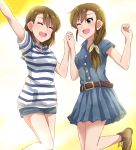  2girls ;d arm_up belt blue_dress blue_shorts boots brown_boots brown_eyes brown_hair closed_eyes dress futami_ami futami_mami hand_holding idolmaster interlocked_fingers lieass long_hair multiple_girls one_eye_closed open_mouth pleated_dress short_dress short_hair short_shorts shorts siblings sisters smile standing standing_on_one_leg striped striped_sweater sweater white_sweater 