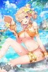  1girl armlet artist_name blonde_hair blue_eyes blue_n breasts cleavage company_name conch copyright_name eyebrows_visible_through_hair heart heart-shaped_pupils large_breasts looking_at_viewer navel official_art original short_hair sitting solo symbol-shaped_pupils 
