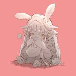  1girl :3 absurdres animal_ears blush_stickers closed_mouth eyebrows_visible_through_hair fume furry helmet highres horned_helmet made_in_abyss nanachi_(made_in_abyss) pants pink_background shui_shaan sitting solo spot_color tail yellow_eyes 