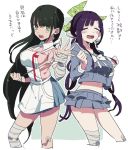  2girls apron bandage bandaged_arm bandaged_leg bangs black_hair blush bow braid chabashira_tenko cosplay costume_switch dangan_ronpa dress green_eyes hair_down hair_ribbon highres long_hair long_sleeves looking_at_viewer multiple_girls new_dangan_ronpa_v3 open_mouth pleated_skirt purple_hair ribbon sailor_dress shirt short_sleeves skirt super_dangan_ronpa_2 tsumiki_mikan twintails 