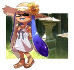 1girl arm_behind_back bangs blue_hair dress flower full_body hat highres inkling long_hair looking_at_viewer one_eye_closed outside_border real_world_location sandals solo splatoon standing sun_hat sundress sunflower tan temple tentacle_hair wahootarou white_dress yellow_eyes 