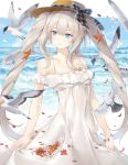  1girl bird blue_eyes breasts dress fate/grand_order fate_(series) flower kachi long_hair looking_away marie_antoinette_(fate/grand_order) marie_antoinette_(swimsuit_caster)_(fate) medium_breasts ocean seagull seashell shell smile solo starfish_hair_ornament twintails white_dress 