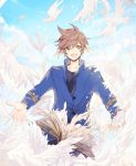  1boy :d bird blue_background blue_shirt book brown_hair cowboy_shot day earrings feather_earrings feathers fingerless_gloves gloves green_eyes jewelry looking_at_viewer male_focus open_mouth outstretched_arms shirt single_glove smile solo sorey_(tales) spread_arms tales_of_(series) tales_of_zestiria white_gloves yurichi_(artist) 