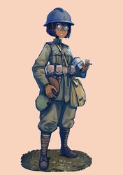  1girl bag black_hair canteen dark_skin erica_(naze1940) glasses helmet highres looking_at_viewer military military_uniform rations round_glasses satchel solo standing tan_background uniform world_war_i 