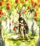  1boy 1girl akke black_choker black_hair blonde_hair blush breasts child choker forest green_eyes highres laphicet_(tales) long_hair nature sailor_collar smile tales_of_(series) tales_of_berseria torn_clothes under_boob velvet_crowe yellow_eyes 