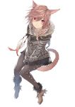  1girl animal_ears brown_hair cat_ears cat_tail facial_mark final_fantasy final_fantasy_xiv fur_trim highres kuwashima_rein long_hair looking_at_viewer looking_up miqo&#039;te poncho red_eyes ribbed_sweater slit_pupils solo sweater tail 