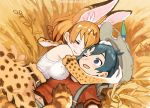  2girls animal_ears backpack bag belt black_hair blue_eyes bucket_hat closed_eyes elbow_gloves field fur_collar gloves hat hat_feather high-waist_skirt hug kaban_(kemono_friends) kemono_friends lying multiple_girls navel one_eye_closed red_shirt serval_(kemono_friends) serval_ears serval_print serval_tail shirt short_hair skirt sleeveless sleeveless_shirt smile striped_tail tail tomohi 