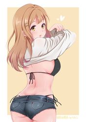  1girl absurdres bikini black_bikini brown_eyes brown_hair cowboy_shot denim denim_shorts from_behind highres kunikida_hanamaru long_hair looking_at_viewer looking_back love_live! love_live!_sunshine!! nacl_(v_virgo) short_shorts shorts side-tie_bikini simple_background solo swimsuit yellow_background 