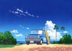  absurdres blue_sky blush car clouds commentary_request day flower grass ground_vehicle highres hirota_(masasiv3) horizon license_plate motor_vehicle no_humans ocean original outdoors palm_tree scenery shadow sky surfboard tree 