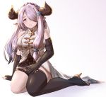  1girl belt black_boots black_gloves blue_eyes blush boots braid breasts closed_mouth doraf elbow_gloves fingerless_gloves frown full_body gloves granblue_fantasy haido_(ryuuno_kanzume) hair_ornament hair_over_one_eye head_tilt high_heels highres horns large_breasts lavender_hair looking_at_viewer narumeia_(granblue_fantasy) simple_background single_braid single_thigh_boot sitting solo tears thigh_strap white_background 