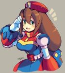  1girl blush breasts brown_hair cowboy_shot dated eyebrows_visible_through_hair green_eyes hat iris_(rockman_x) iroyopon large_breasts long_hair looking_at_viewer open_mouth red_hat rockman rockman_x rockman_x4 salute signature smile solo 