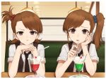  2girls arm_rest brown_eyes brown_hair cherry commentary_request drinking_straw food fruit futami_ami futami_mami hair_bobbles hair_ornament hand_on_own_cheek hitoto idolmaster indoors long_hair looking_at_viewer multiple_girls necktie open_mouth parfait pout shirt short_hair short_sleeves siblings side_ponytail sisters sitting table twins vest 