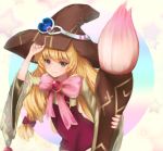 1girl beryl_benito blonde_hair bow brooch brown_hat closed_mouth cowboy_shot dargo freckles grey_eyes hat jewelry long_hair low-tied_long_hair overalls oversized_object paintbrush pink_bow red_bow shorts smile solo star tales_of_(series) tales_of_hearts witch_hat 