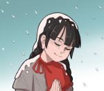  1girl black_hair braid capelet closed_eyes dress earlobes gradient gradient_background grey_dress hands_together long_hair mefomefo no_hat no_headwear red_ribbon ribbon sad_smile single_tear smile snot snow snow_on_head snowing solo touhou twin_braids upper_body yatadera_narumi 