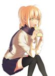  1girl ahoge artoria_pendragon_(all) black_legwear black_scarf black_skirt blonde_hair eating eyebrows_visible_through_hair fate/stay_night fate_(series) green_eyes hair_between_eyes highres invisible_chair long_hair miniskirt nezumi_(tuboshu2013) open_mouth pleated_skirt ponytail saber scarf simple_background sitting skirt solo sweater thigh-highs white_background white_sweater zettai_ryouiki 