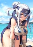  1girl ainu_clothes all_fours bandage bandaged_arm bangs beach blue_eyes blue_sky blush breasts cape closed_mouth clouds cloudy_sky day eyebrows_visible_through_hair hair_between_eyes half-closed_eyes headband ichikawa_feesu kamoi_(kantai_collection) kantai_collection large_breasts long_hair looking_at_viewer outdoors pelvic_curtain ponytail sideboob sidelocks silver_hair sky smile solo tabard thighs tsurime wet 