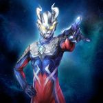  1boy armor bai_wang bodysuit glowing glowing_eyes hand_on_hip helmet highres horns looking_at_viewer male_focus pointing pointing_forward sky solo space standing star star_(sky) starry_background starry_sky ultra_series ultraman_zero upper_body yellow_eyes 