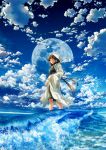  1girl bangs blue_sky breasts brown_eyes brown_hair clouds cloudy_sky commentary_request dress dress_lift green_dress highres hood_up long_hair long_sleeves looking_at_viewer medium_breasts moon ocean original parted_lips scenery skirt_hold sky solo standing summer very_long_hair water waves white_cloak wide_sleeves yuu_knmy 