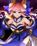  1girl animal_ears blue_bow blue_legwear bow breasts choker cleavage detached_sleeves eyebrows_visible_through_hair fate/extra fate_(series) floating_hair fox_ears fox_tail hair_bow long_hair looking_at_viewer pink_hair resuta solo standing tail tamamo_(fate)_(all) tamamo_no_mae_(fate) thigh-highs yellow_eyes 