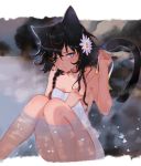 1girl animal_ears aruterra bathing black_hair braid breasts bright_pupils cat_ears cat_tail covering flower hair_flower hair_ornament highres lavender_eyes looking_away naked_towel nude_cover onsen original outdoors partially_submerged petals ribbon short_hair side_braid sitting small_breasts snowing solo steam tail towel wet white_pupils 