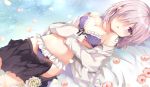  1girl black_skirt blush bra breasts cleavage collarbone eyebrows_visible_through_hair fate/grand_order fate_(series) hair_over_one_eye lavender_hair looking_at_viewer lying medium_breasts navel on_back panties parted_lips ponika purple_bra purple_panties shielder_(fate/grand_order) short_hair skirt solo underwear violet_eyes 