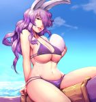  1girl animal_ears bare_shoulders belly bikini breasts camilla_(fire_emblem_if) cleavage easter_egg fire_emblem harihisa large_breasts lips long_hair nail_polish navel parted_lips purple_bikini rabbit_ears sitting solo swimsuit thighs under_boob violet_eyes 