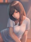  1girl blue_eyes breasts brown_hair highres long_hair looking_at_viewer medium_breasts original ranma_(kamenrideroz) shirt solo sweat t-shirt wet wet_clothes wet_shirt 